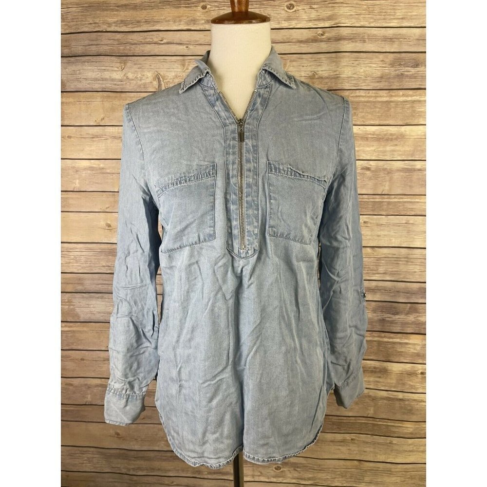 NY and Co Soho Jeans Small Chambray Blouse Popover Zip Front Long Sleeve Blue
